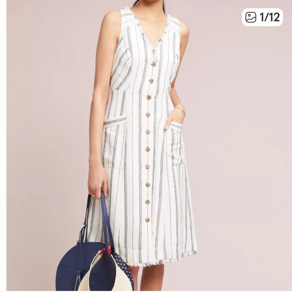Anthropologie Maeve Leslie Sz 16 Textured Striped Button Down V Neck MIDI Dress